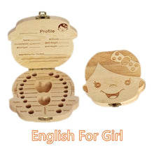 Load image into Gallery viewer, Baby Milk Teeth Box Spanish English Russion Baby Wood Tooth Box Baby Tooth Organizer Kids Deciduous Storage Collect wooden Box
